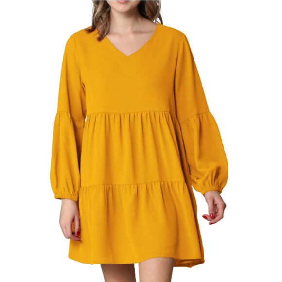 Casual Long Sleeve V-Neck Loose Flowy Swing Tiered Shift Dress MUSTARD Size L - Picture 1 of 9